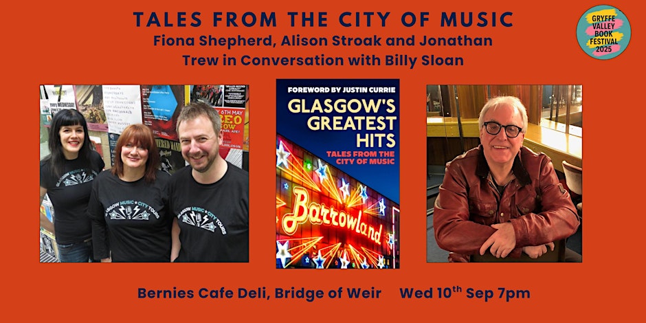 Event poster for 'Tales from the City of Music' book talk at Bernies Cafe, 10th Sep 7pm, with author photos.