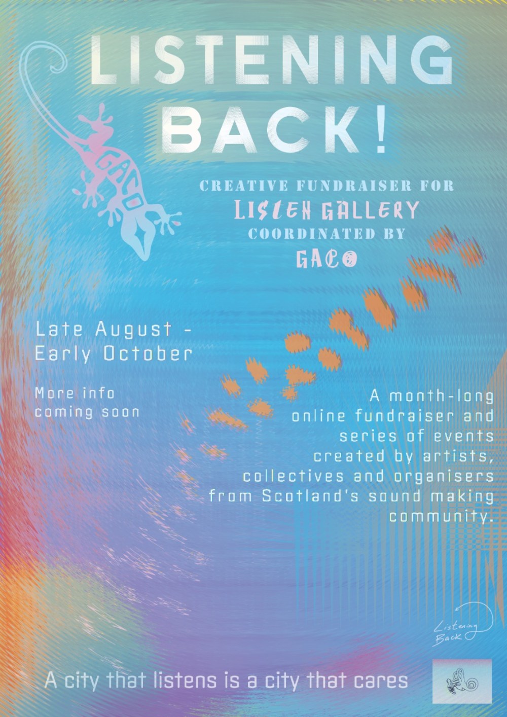 Colorful poster for a creative fundraiser called 'Listening Back!' happening from late August to early October.